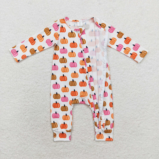 LR1219 Bamboo Girls colorful pumpkin zipper long sleeve onesie