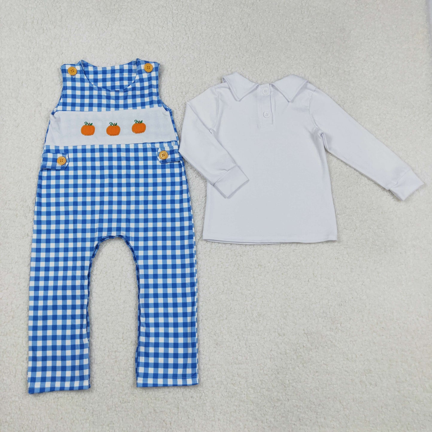 BT0820+SR1949 Embroidery Baby Infant Boys Blue Pumpkin Shirts Romper Set C9.1