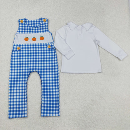 BT0820+SR1949 Embroidery Baby Infant Boys Blue Pumpkin Shirts Romper Set C9.1