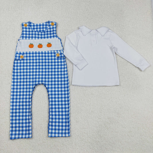 BT0820+SR1949 Embroidery Baby Infant Boys Blue Pumpkin Shirts Romper Set C9.1
