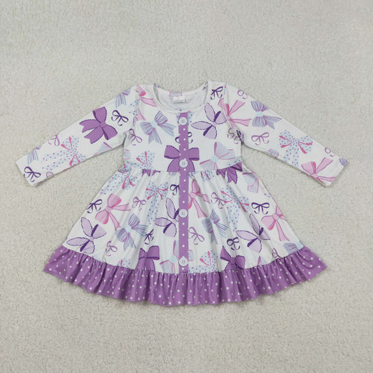 GLD1271 Baby Girls Purple Bows Plaid Button Ruffle Knee Length Dress C12.5