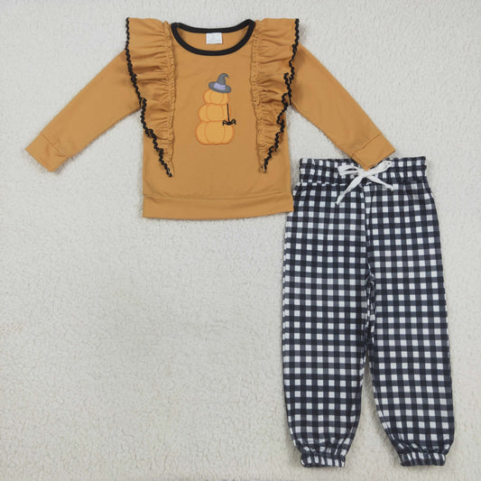 GLP2445 Baby Girls Orange Long Sleeves Hat Pumpkins Top Black Plaid Pant Set C8.19
