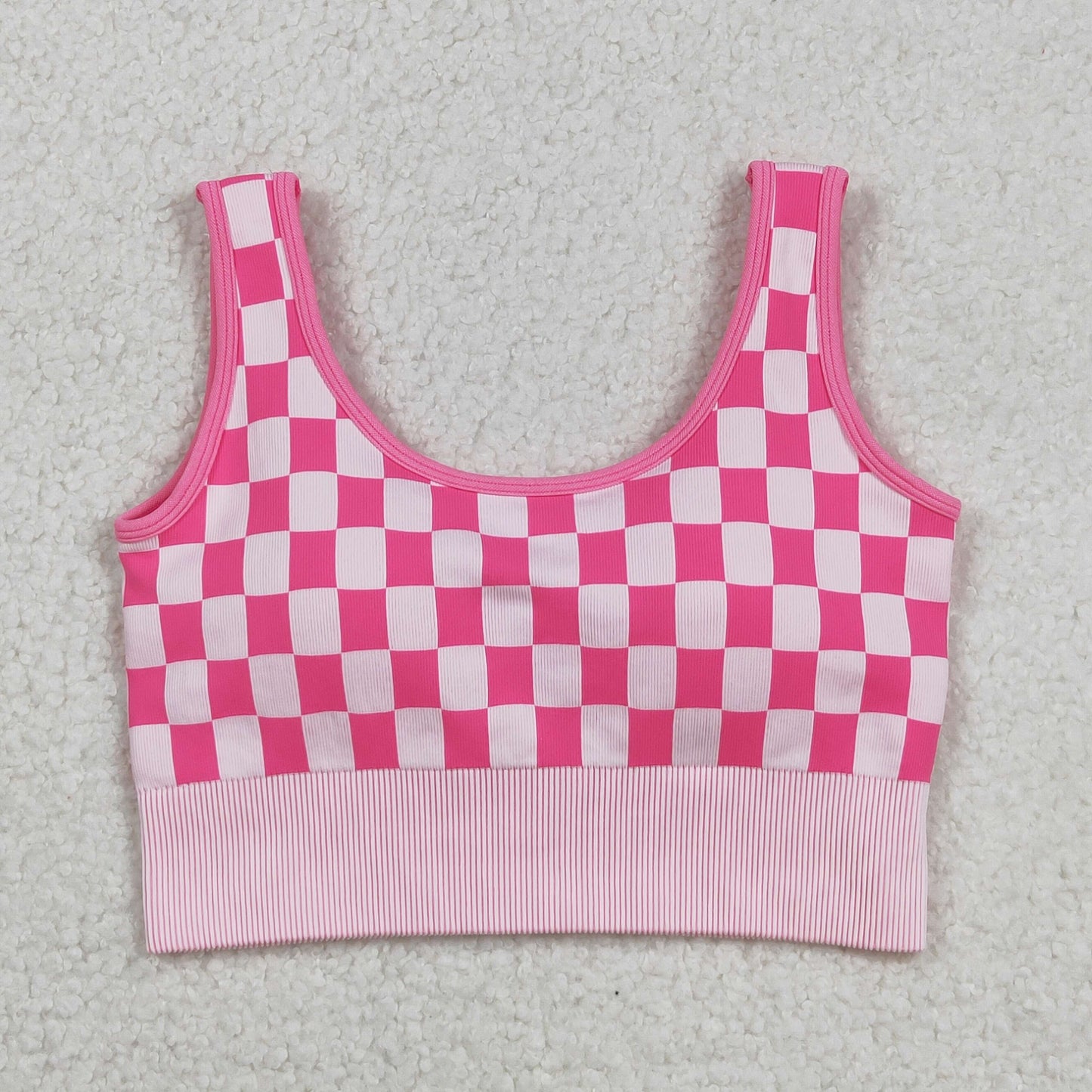 GT1190 Adult Women Pink Checkered Knitted Yoga Crop Bra Tops C9.1