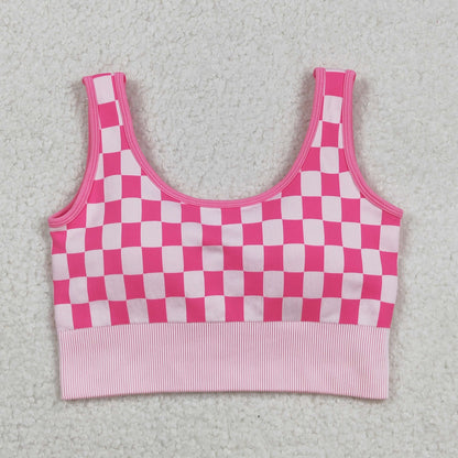 GT1190 Adult Women Pink Checkered Knitted Yoga Crop Bra Tops C9.1