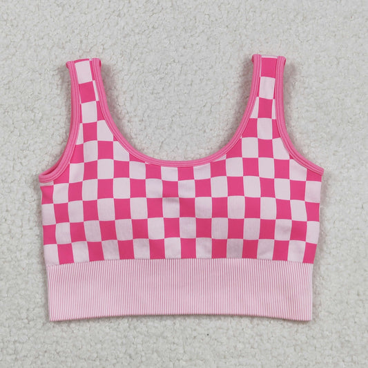 GT1190 Adult Women Pink Checkered Knitted Yoga Crop Bra Tops C9.1
