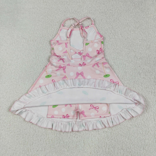 GSD2568 Baby Girls Strap Pink Bows Golf Flags Activity Wear Yoga Knee Length Dress 6.11