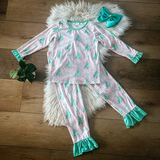 GLP1242 Bamboo Christmas tree bow Green lace pink long sleeve pants pajama set