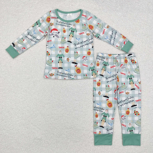 BLP0804 Baby Kids Christmas Shelf Checkered Top Pants Pajamas Outfits Set