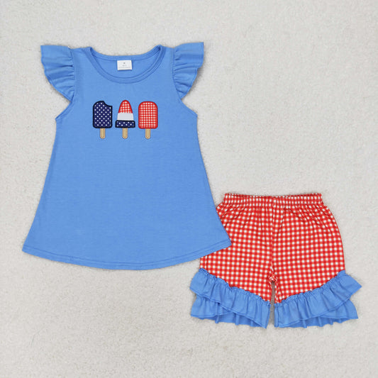 GSSO0860 4th of July Embroidered Popsicle ice cream blue flying sleeves red plaid shorts set