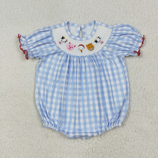 SR2981 Baby Infant Girls Blue Plaid Short Ruffle Sleeves Cows Pigs Farm Smocked Romper 6.24