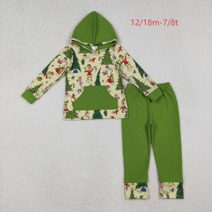 BLP1224 Baby Boys Green Faces Christmas Trees Pocket Hoodie Legging Pant Set C10.14