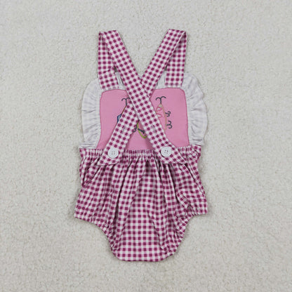 SR3414 Embroidery Fishing Baby Girls Pink Checked Strap Checked Hunting Ruffle Romper C12.9