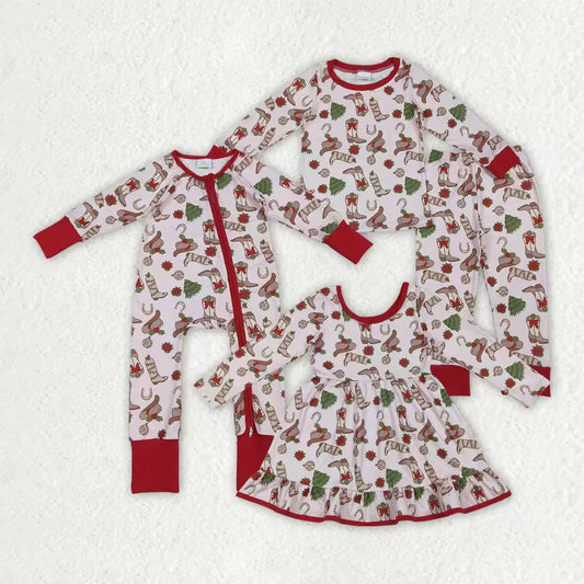 Sibling Baby Girls Boots Holly Trees Christmas Knee Length Dress Zipper Rompers Pajamas Sets C10.9