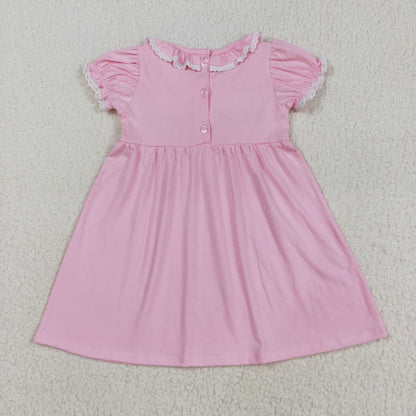GSD2718 Embroidery Baby Girls Light Pink Short Ruffle Sleeves Bows Knee Length Dress 8.8