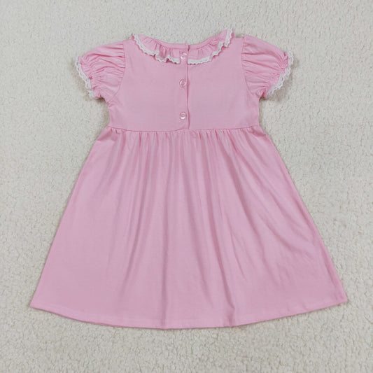 GSD2718 Embroidery Baby Girls Light Pink Short Ruffle Sleeves Bows Knee Length Dress 8.8