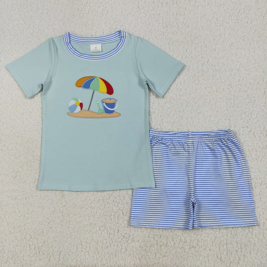 BSSO1485 Embroidery Baby Boys Short Sleeves Beach Top Blue Stripe Short Set 6.19