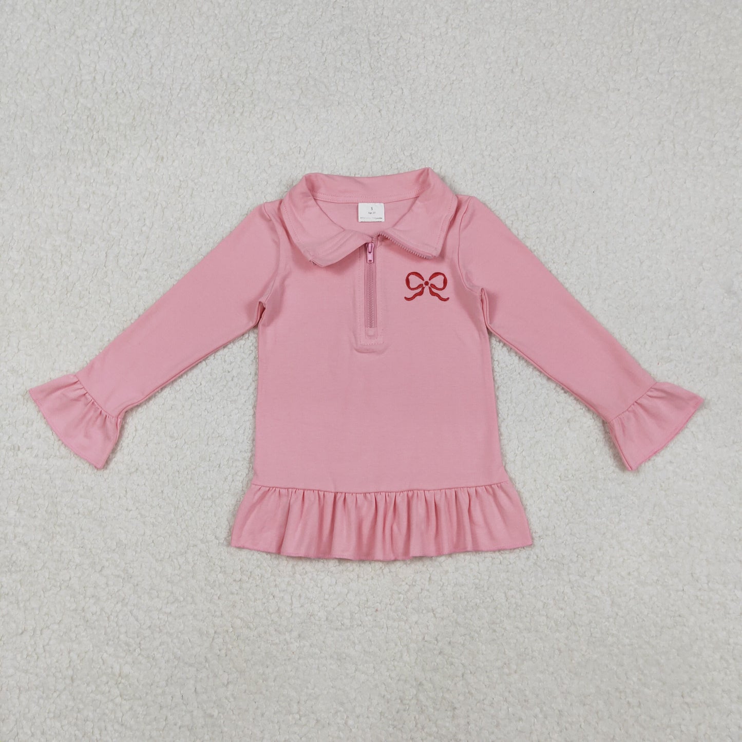 GT1270 Embroidery Baby Girls Long Ruffle Sleeve Bows Zipper Valentine Pullovers Top C11.20