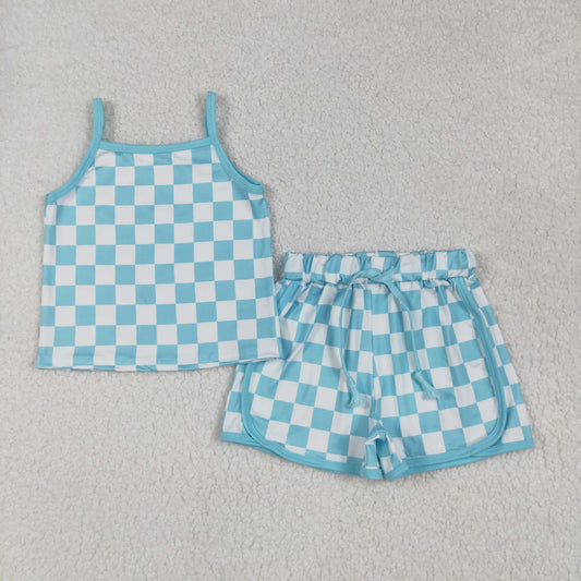 GSSO2332 Baby Girls Blue Strap Plaid Top Short Sport Set 6.12