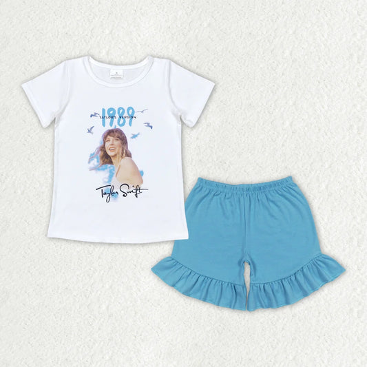 GT0531+SS0272 Baby Girls 1989 Singer White Shirt Summer Ruffle Shorts Clothes Sets