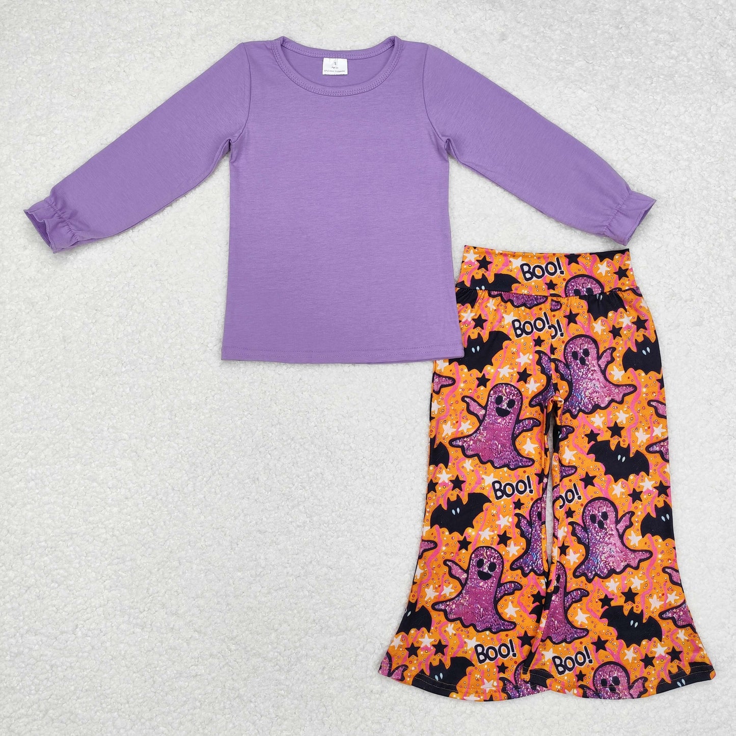 GT0645+P0609 Baby Girls Halloween Purple Top Ghost Bell Pants Outfits Set