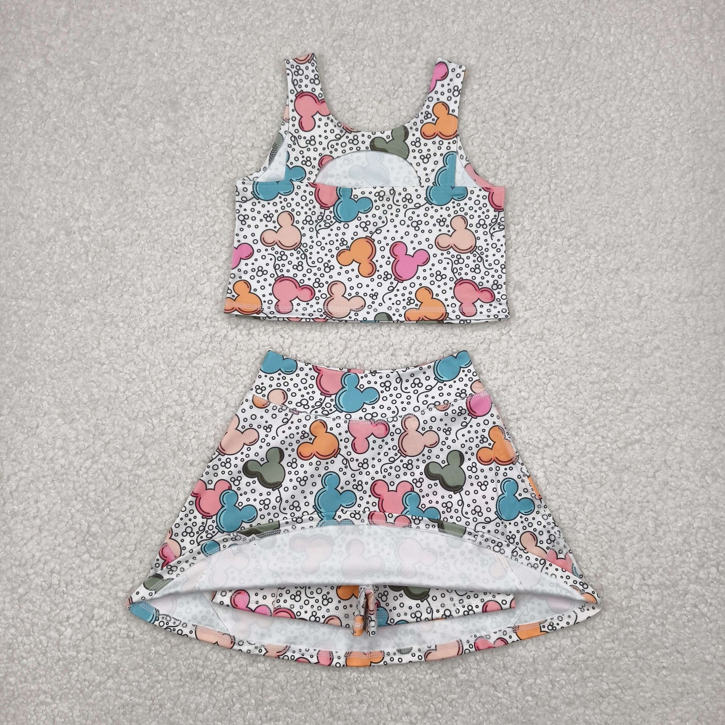 GSD2331 Baby Girls Sleeveless Cartoon Mouse Balloons Top Skort Yoga Set