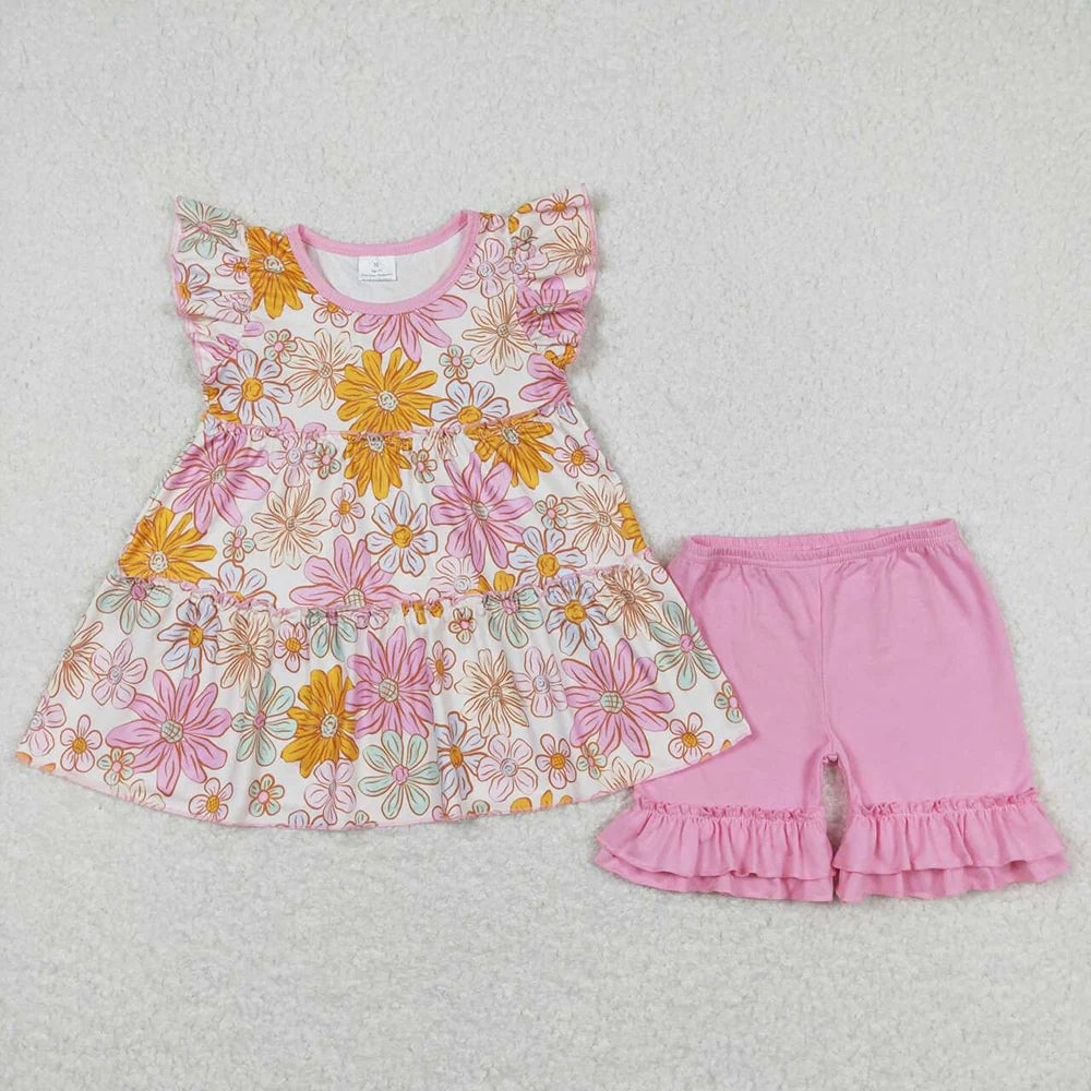 Sibling Baby Girls Flowers Tunic Shorts Summer Clothes Sets