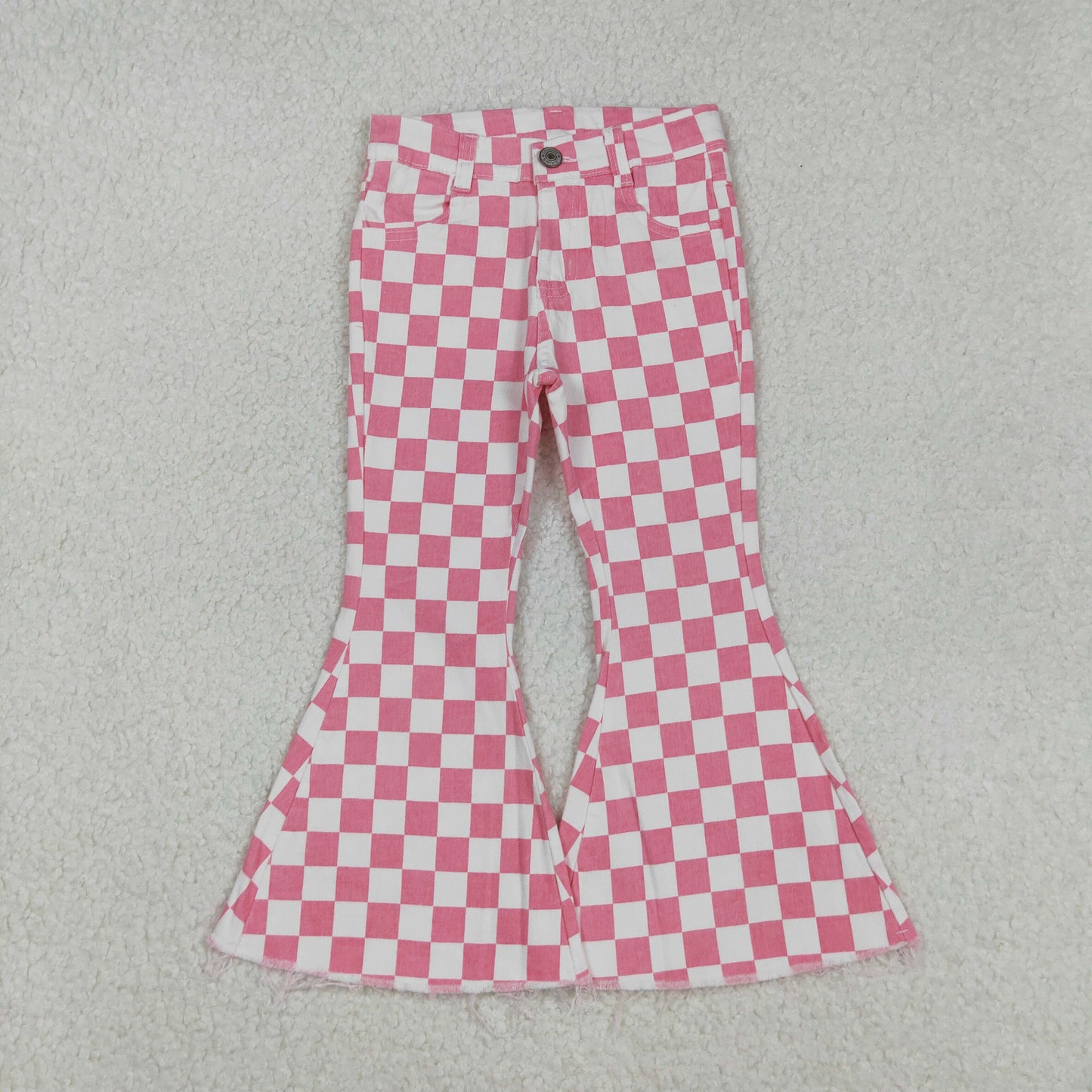 P0348 Baby Girls Pink Checkered Bell Flare Denim Pants Jeans C9.3