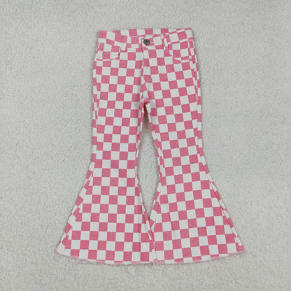 P0348 Baby Girls Pink Checkered Bell Flare Denim Pants Jeans C9.3
