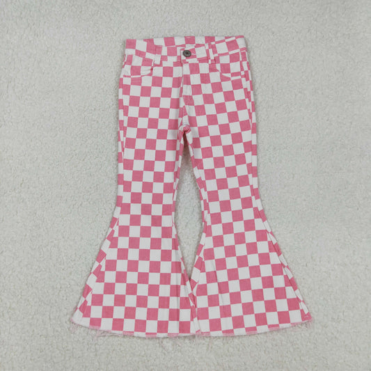 P0348 Baby Girls Pink Checkered Bell Flare Denim Pants Jeans C9.3