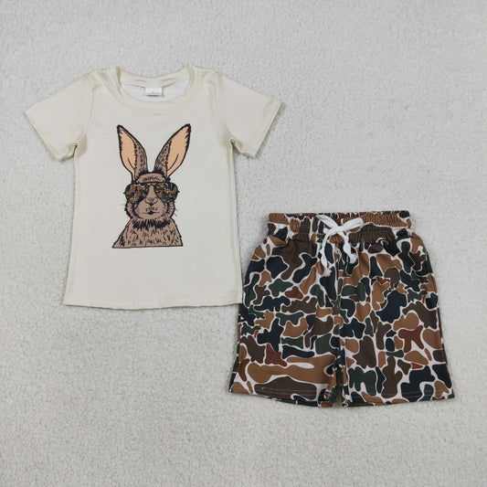 BT1414+SS0732 Baby Boys Rabbits Shirts Dark Brown Camo Pockets Short Easter Clothes Set C11.27