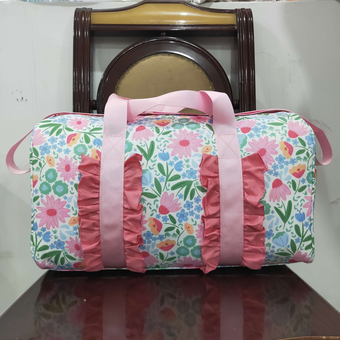 BA0290 Pink Ruffle Floral Print Gym Duffle Bag 7.7