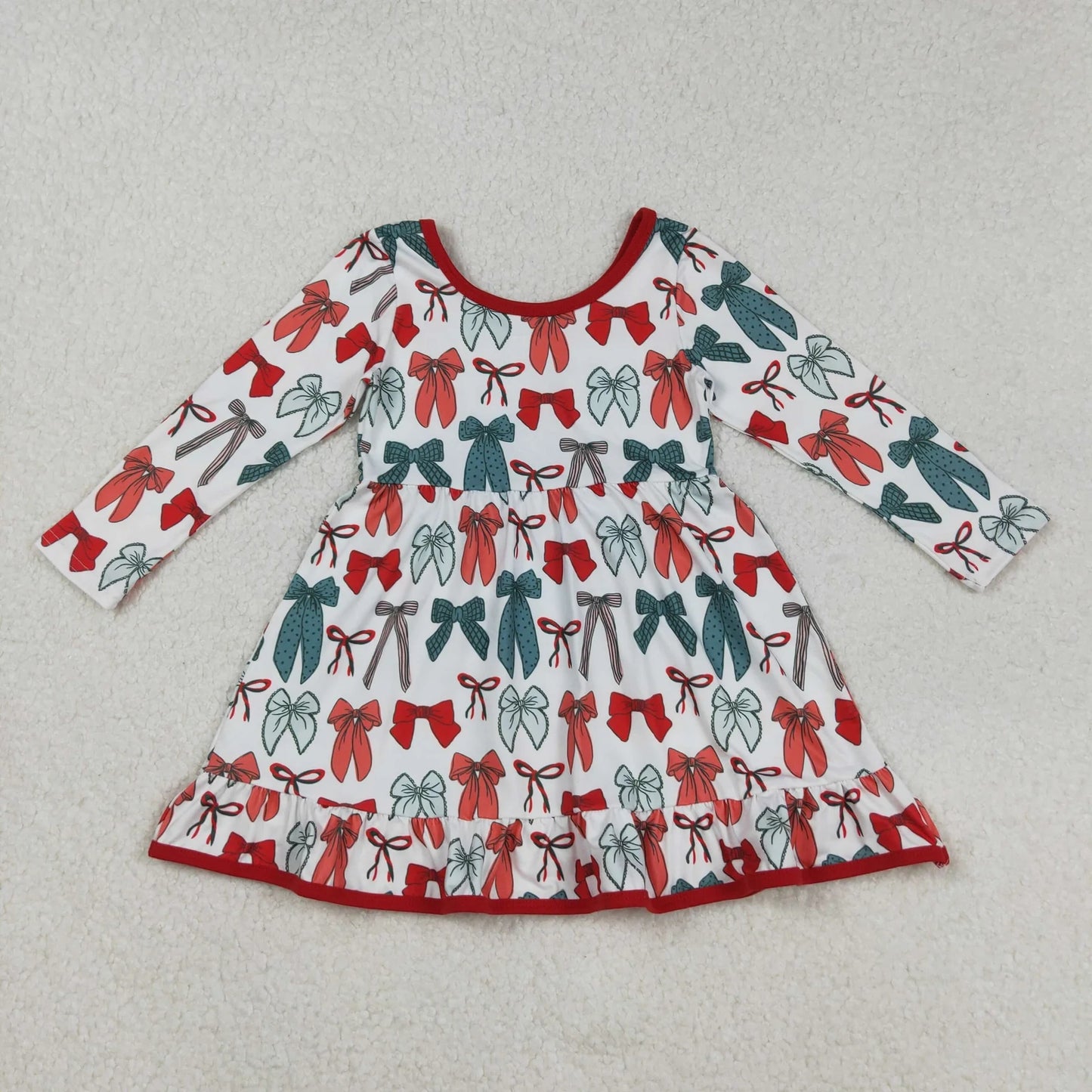 Sibling Baby Girls Green Red Bows Long Sleeves Christmas Knee Length Dresses C9.4