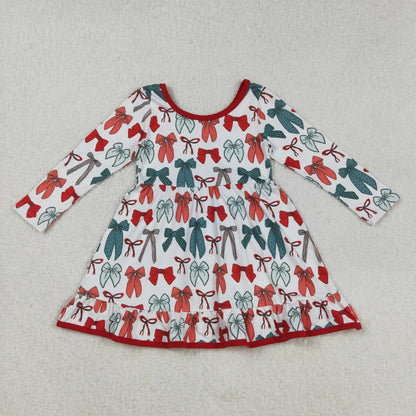 Sibling Baby Girls Green Red Bows Long Sleeves Christmas Knee Length Dresses C9.4