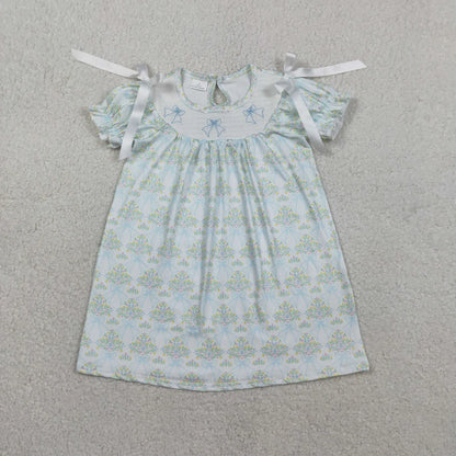 RTS Sibling Smocked Bows Flower Checked Knee Length Dress Ruffle Rompers