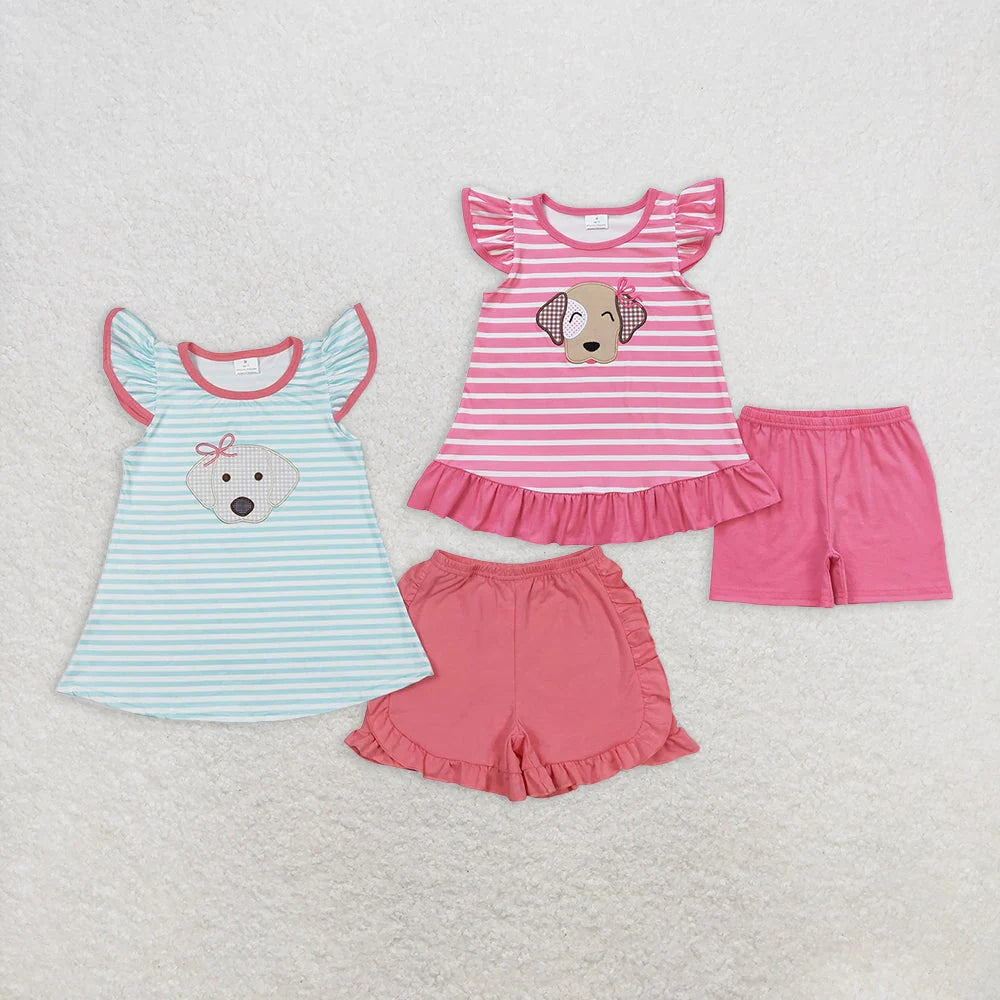 Sibling Baby Girls Stripes Bows Dog Tunic Top Ruffle Shorts Clothes Sets 5.20