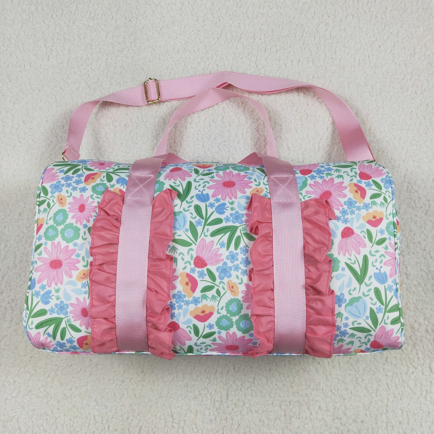 BA0290 Pink Ruffle Floral Print Gym Duffle Bag 7.7