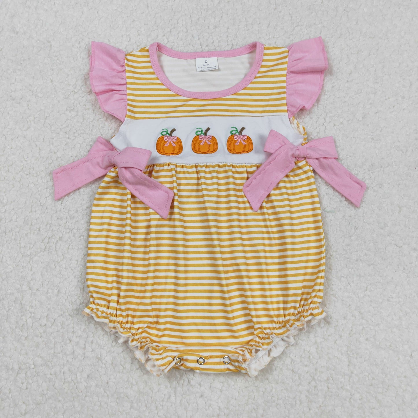SR3125 Embroidery Baby Girls Flutter Sleeves Yellow Stripe Pumpkins Ruffle Romper C8.26