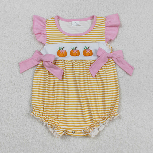 SR3125 Embroidery Baby Girls Flutter Sleeves Yellow Stripe Pumpkins Ruffle Romper C8.26