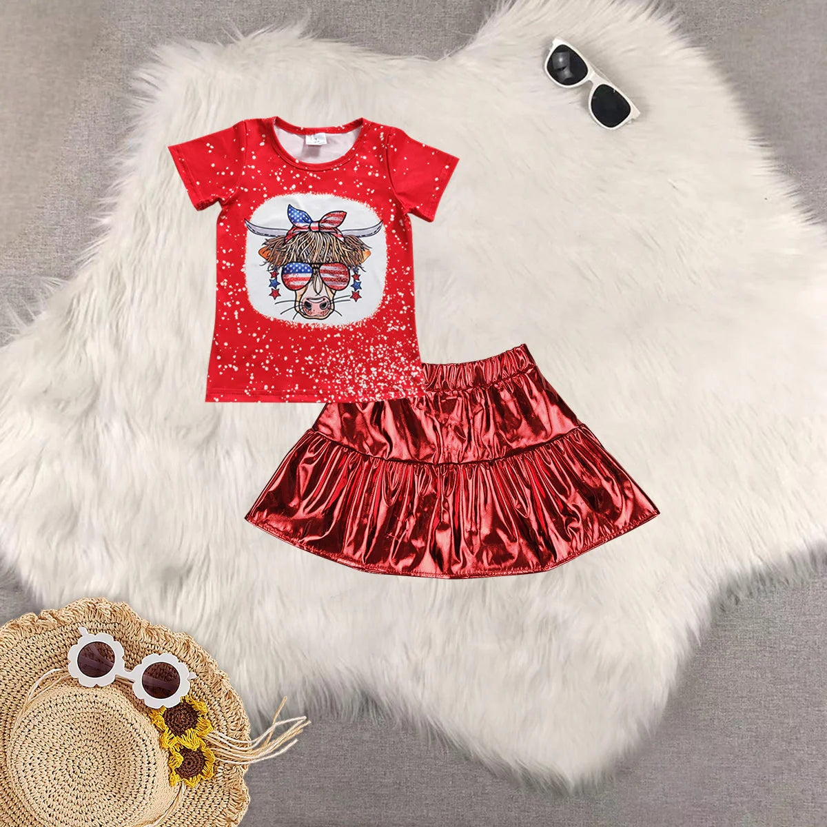 Sibling Baby Girls Short Sleeves Cow Stars Top Red Leather Skirts Western 4th Of July Sets 4.24