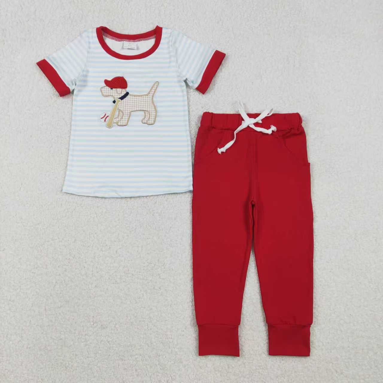 Sibling Baby Boys Embroidery Baseball Dogs Stripe Pockets Pants Team Set Footie Rompers C12.2