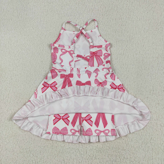 GSD2564 Baby Girls Strap Hot Pink Bows Plaid Activity Wear Yoga Knee Length Dress 6.12