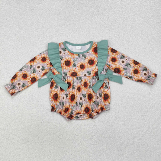 LR1492 Baby Infant Girls Green Bows Flowers Long Sleeve Romper