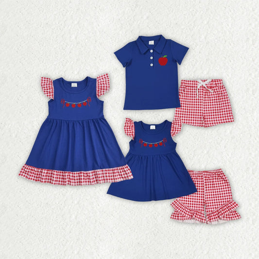 Sibling Boys Baby Girls Embroidery Apple Back To School Outfits Sets 6.14