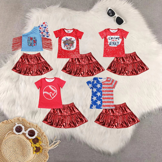 Sibling Baby Girls Short Sleeves Cow Stars Top Red Leather Skirts Western 4th Of July Sets 4.24
