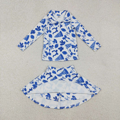 GLD1283 Baby Girls Hot Blue Bows Go Team Yoga Zipper Pullovers Skorts Clothes Set C10.25