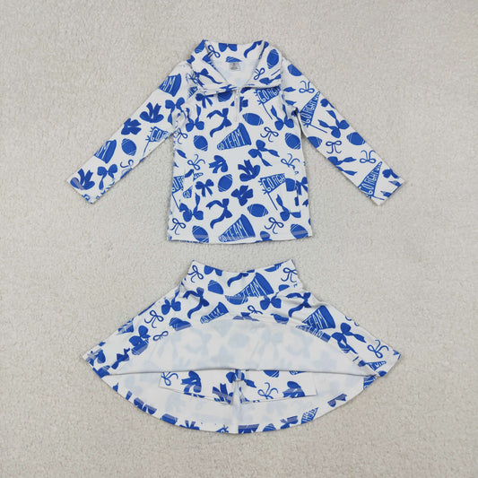 GLD1283 Baby Girls Hot Blue Bows Go Team Yoga Zipper Pullovers Skorts Clothes Set C10.25