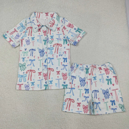 Mama and Me Colorful Bows Pocket Button Top Shorts Pajamas Sets C11.11