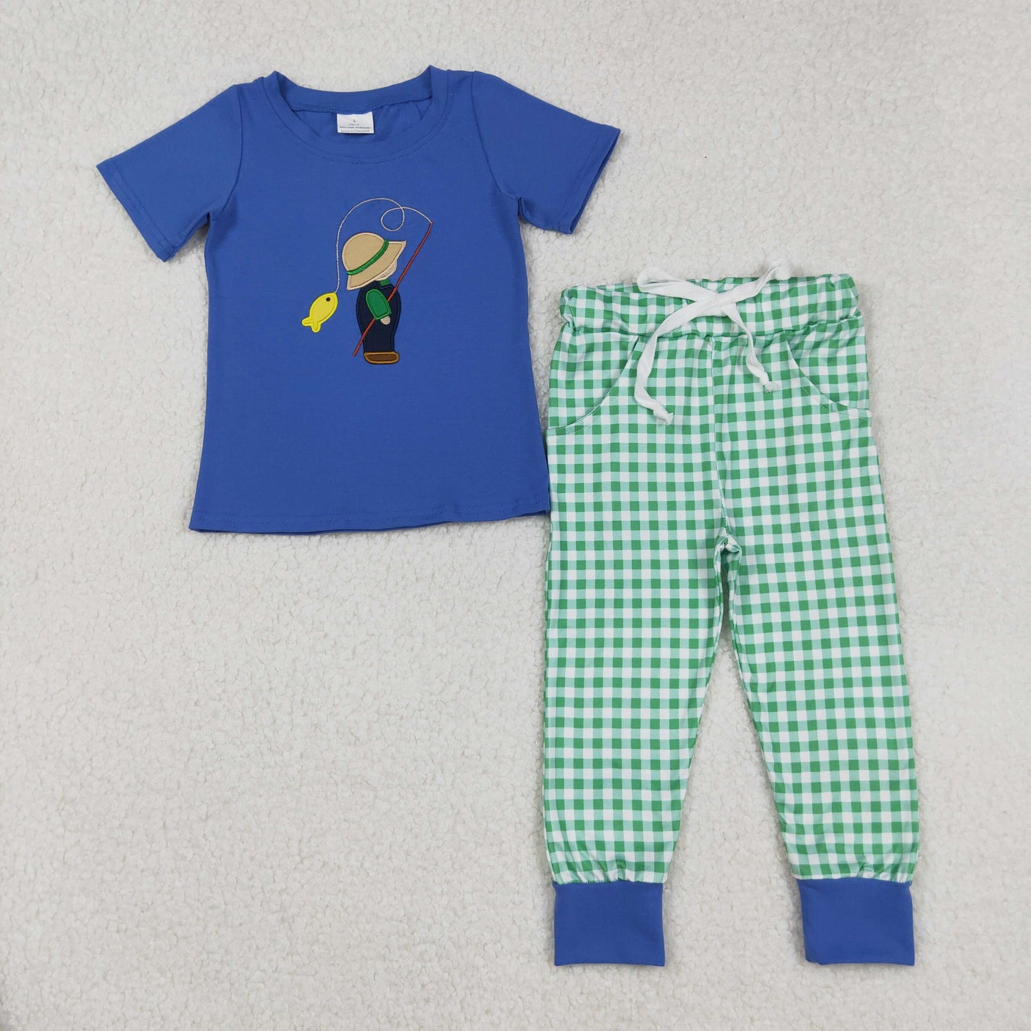 BSPO0506 Embroidery Baby Boys Blue Fishing Shirt Checkered Pants Clothes Set C9.5