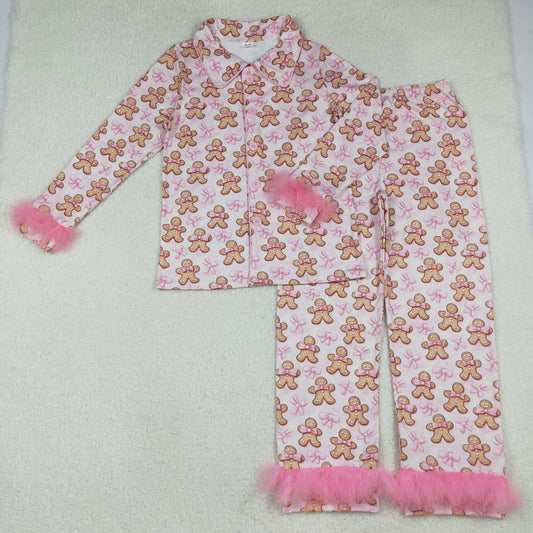 GLP2716 Adult Women Pink Bows Gingerbread Plaid Button Top Pants Christmas Fur Pajamas Set C10.8