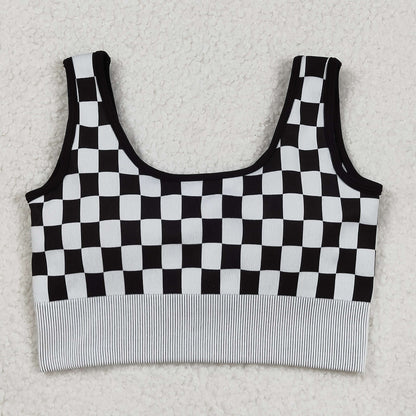 GT1189 Adult Women Black Checkered Knitted Yoga Crop Bra Tops C9.2